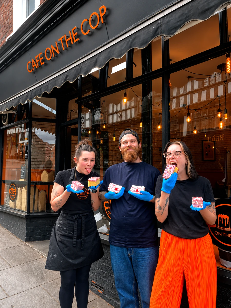 Three Cafe on the Cop team members outside the cafe with cakes