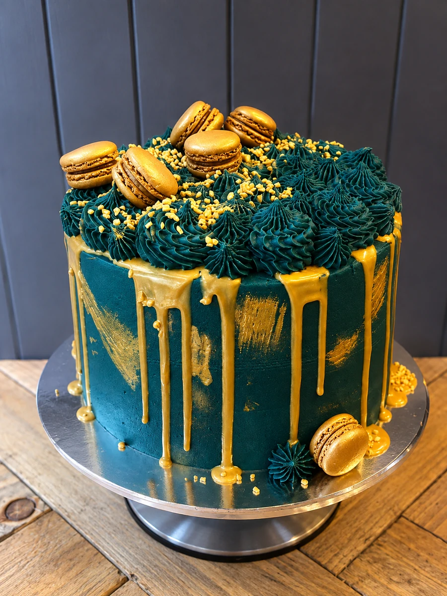 A decorated celebration cake with macarons at Cafe on the Cop
