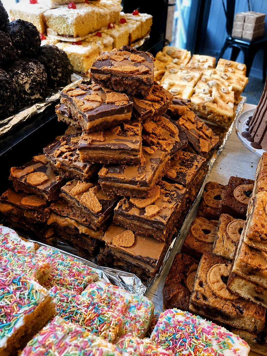 Layered traybakes and cakes from the Cafe on the Cop counter